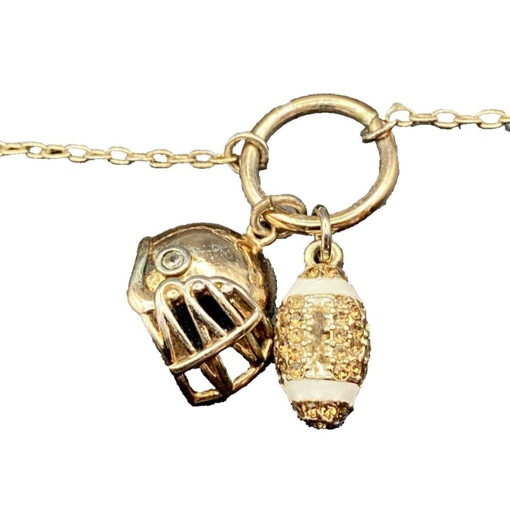 Helmet Necklace Rhinestone Enamel Football Charms Pendant 18+3" Gold Tone Cable - Picture 1 of 5